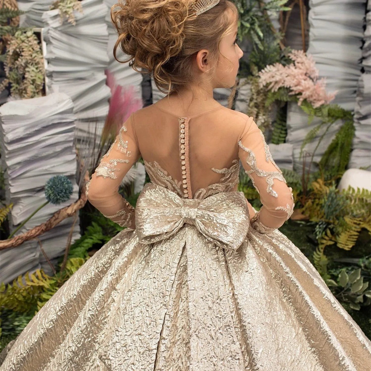 Gold Big Bow Appliqué Flower Girl Dress - Luzilly Bridal & Apparel
