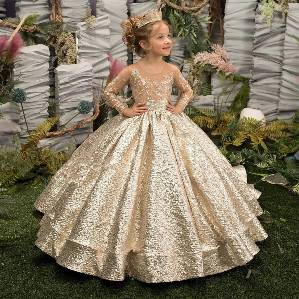 Gold Big Bow Appliqué Flower Girl Dress - Luzilly Bridal & Apparel