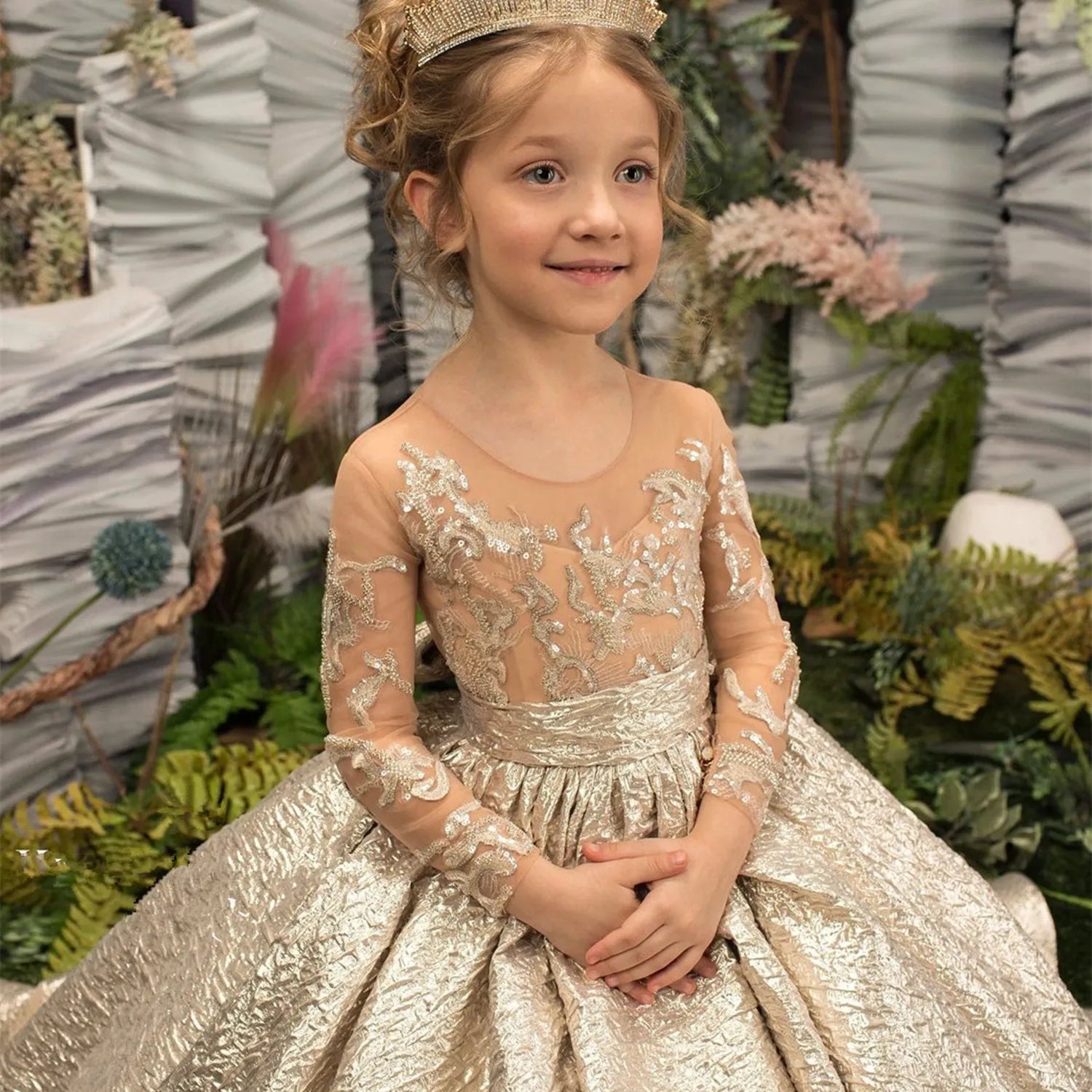 Gold Big Bow Appliqué Flower Girl Dress - Luzilly Bridal & Apparel