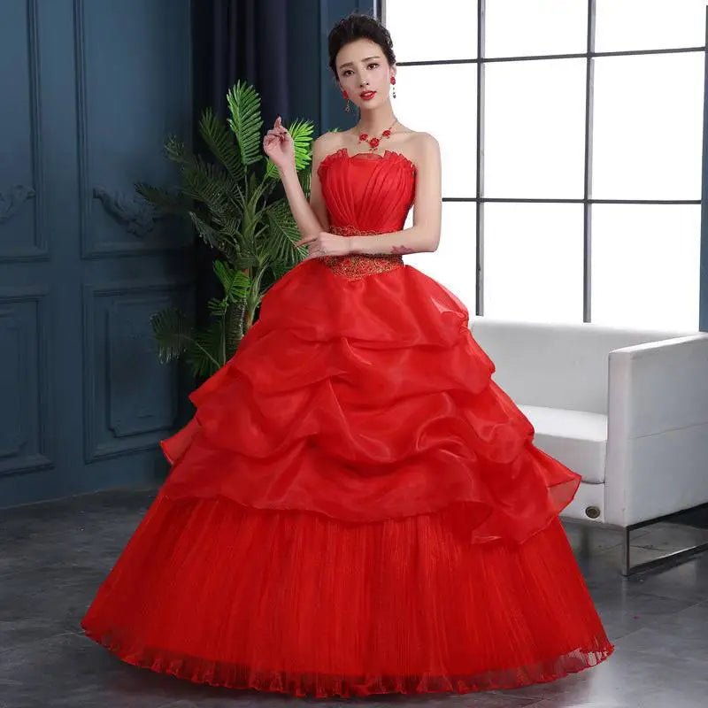 Gold Embroidered Large Size Red Wedding Dress - Luzilly Bridal & Apparel