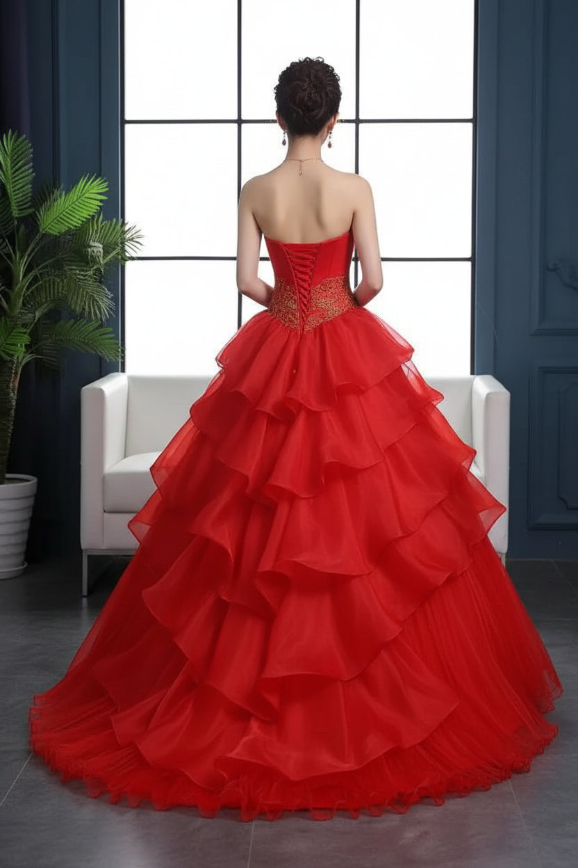 Gold Embroidered Large Size Red Wedding Dress - Luzilly Bridal & Apparel