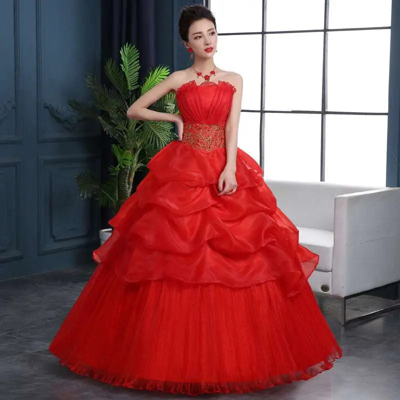 Gold Embroidered Large Size Red Wedding Dress