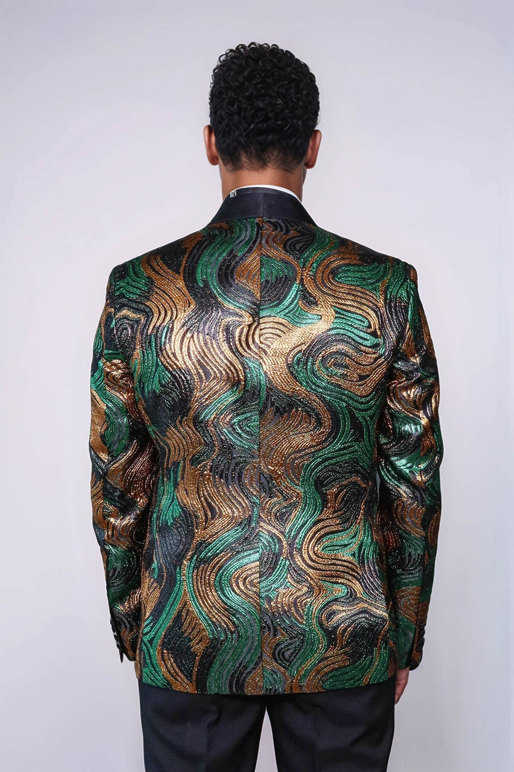 Gold-Green Patterned Over Black Men Stage Performers Jacket - Wessi - Luzilly Bridal & Apparel