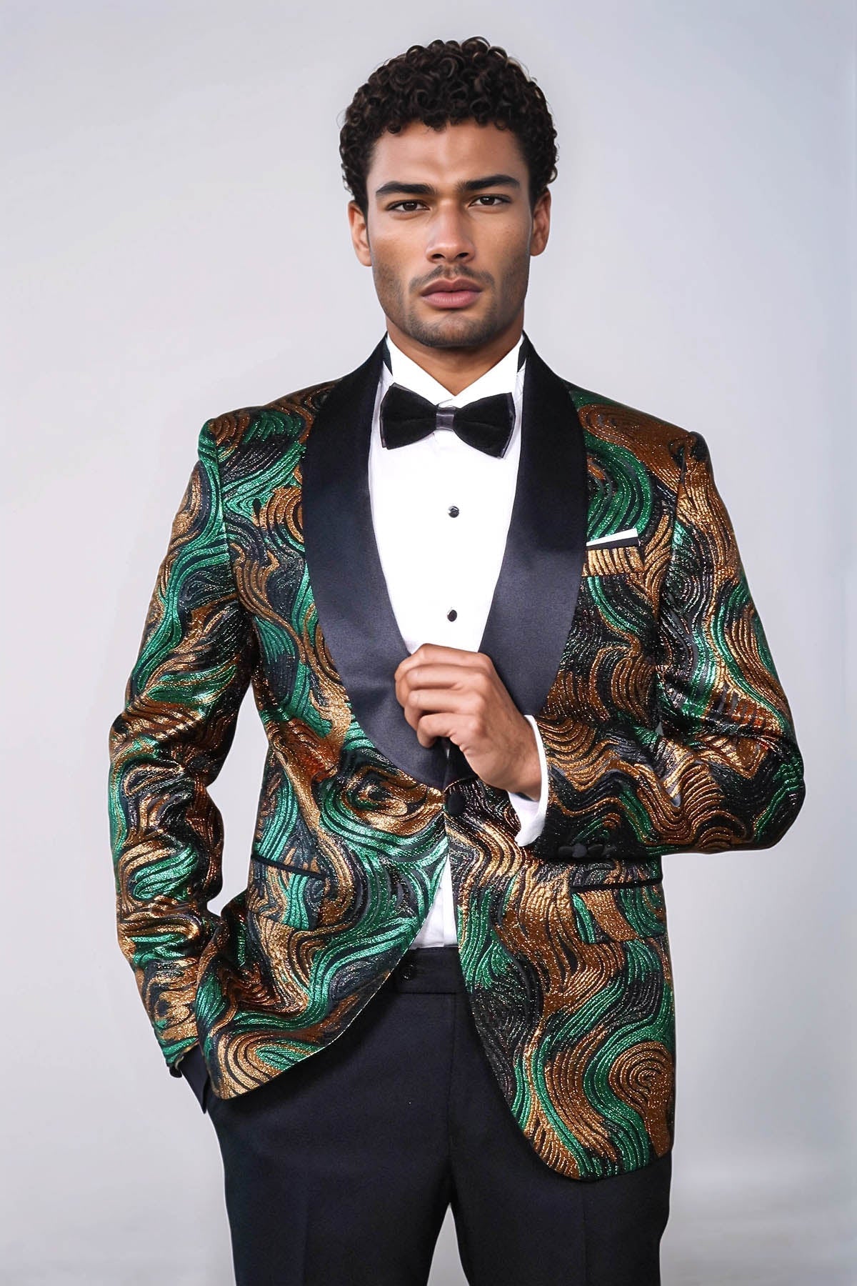 Gold-Green Patterned Over Black Men Stage Performers Jacket - Wessi - Luzilly Bridal & Apparel