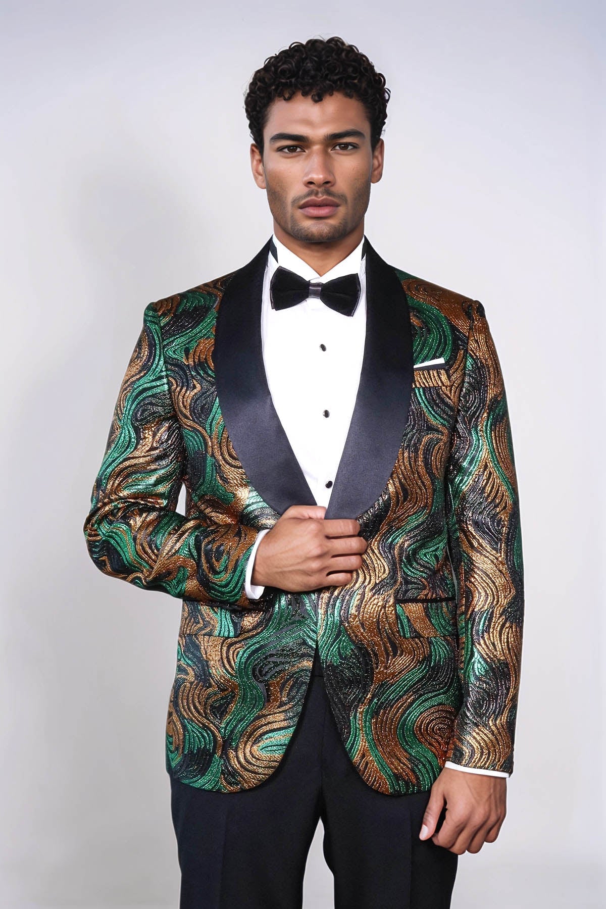 Gold-Green Patterned Over Black Men Stage Performers Jacket - Wessi - Luzilly Bridal & Apparel