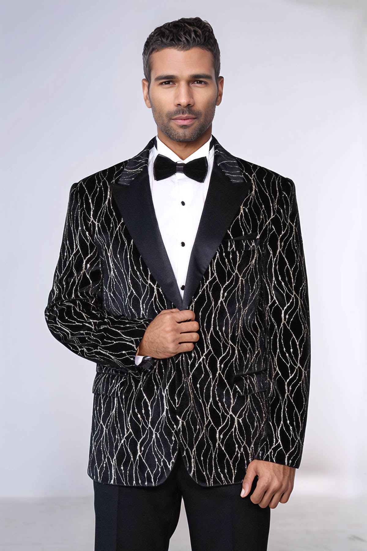Gold Patterned Over Black Velvet Men Evening Tuxedo Blazer - Wessi - Luzilly Bridal & Apparel