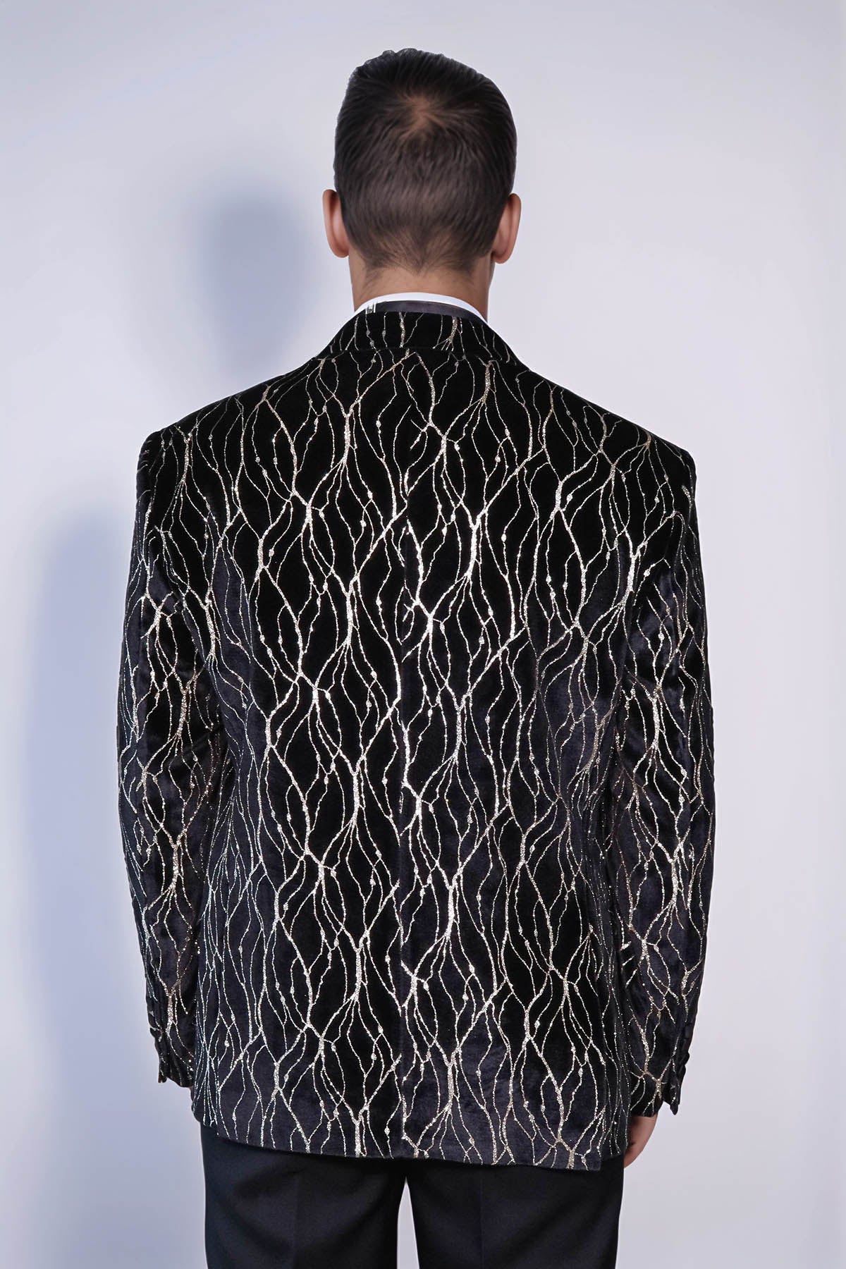 Gold Patterned Over Black Velvet Men Evening Tuxedo Blazer - Wessi - Luzilly Bridal & Apparel