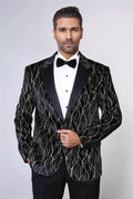 Gold Patterned Over Black Velvet Men Evening Tuxedo Blazer - Wessi - Luzilly Bridal & Apparel