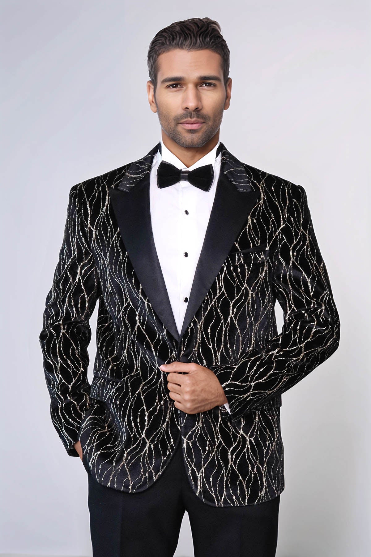 Gold Patterned Over Black Velvet Men Evening Tuxedo Blazer - Wessi - Luzilly Bridal & Apparel