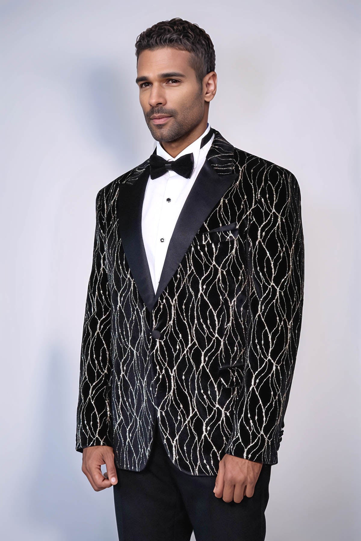 Gold Patterned Over Black Velvet Men Evening Tuxedo Blazer - Wessi - Luzilly Bridal & Apparel