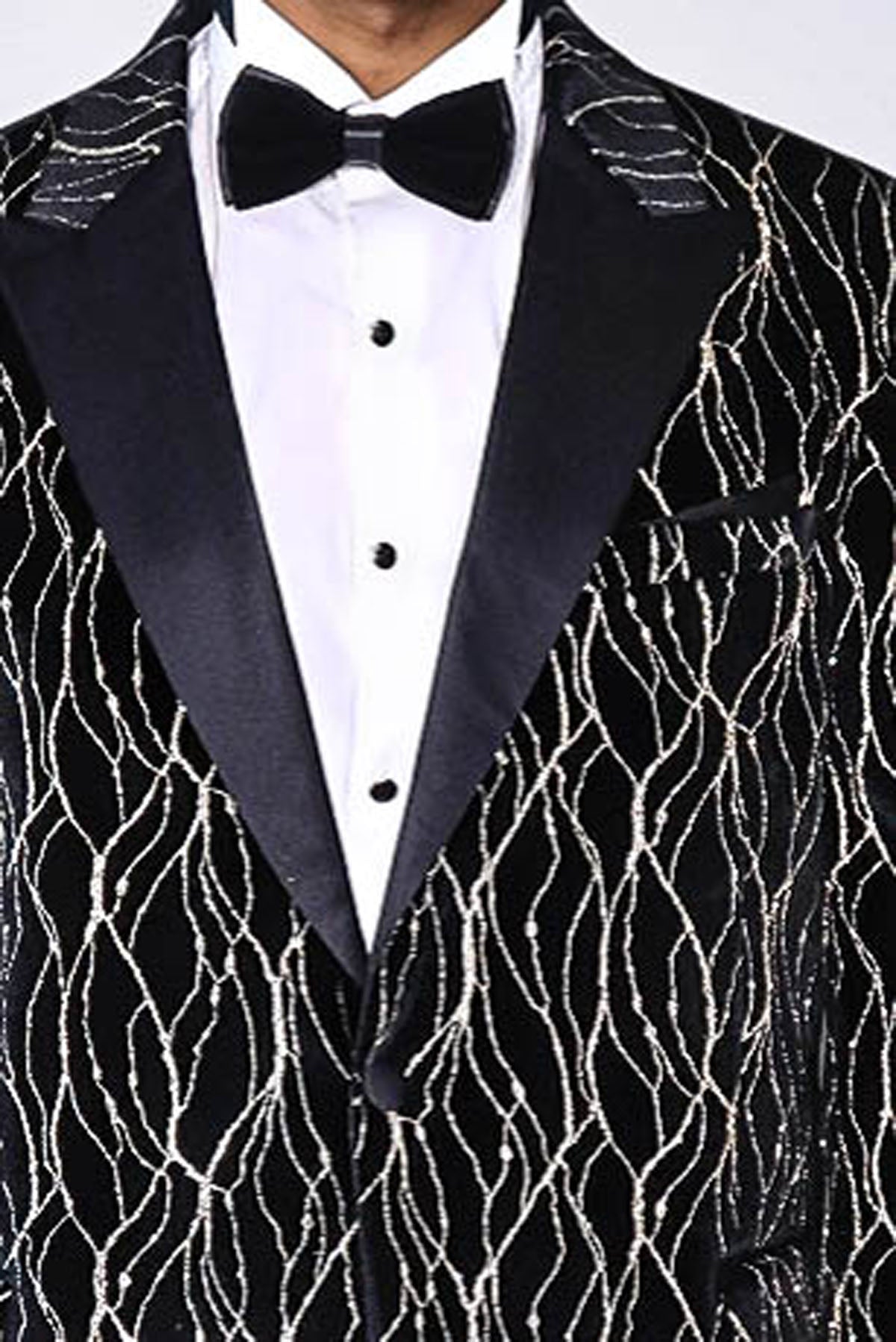 Gold Patterned Over Black Velvet Men Evening Tuxedo Blazer - Wessi - Luzilly Bridal & Apparel