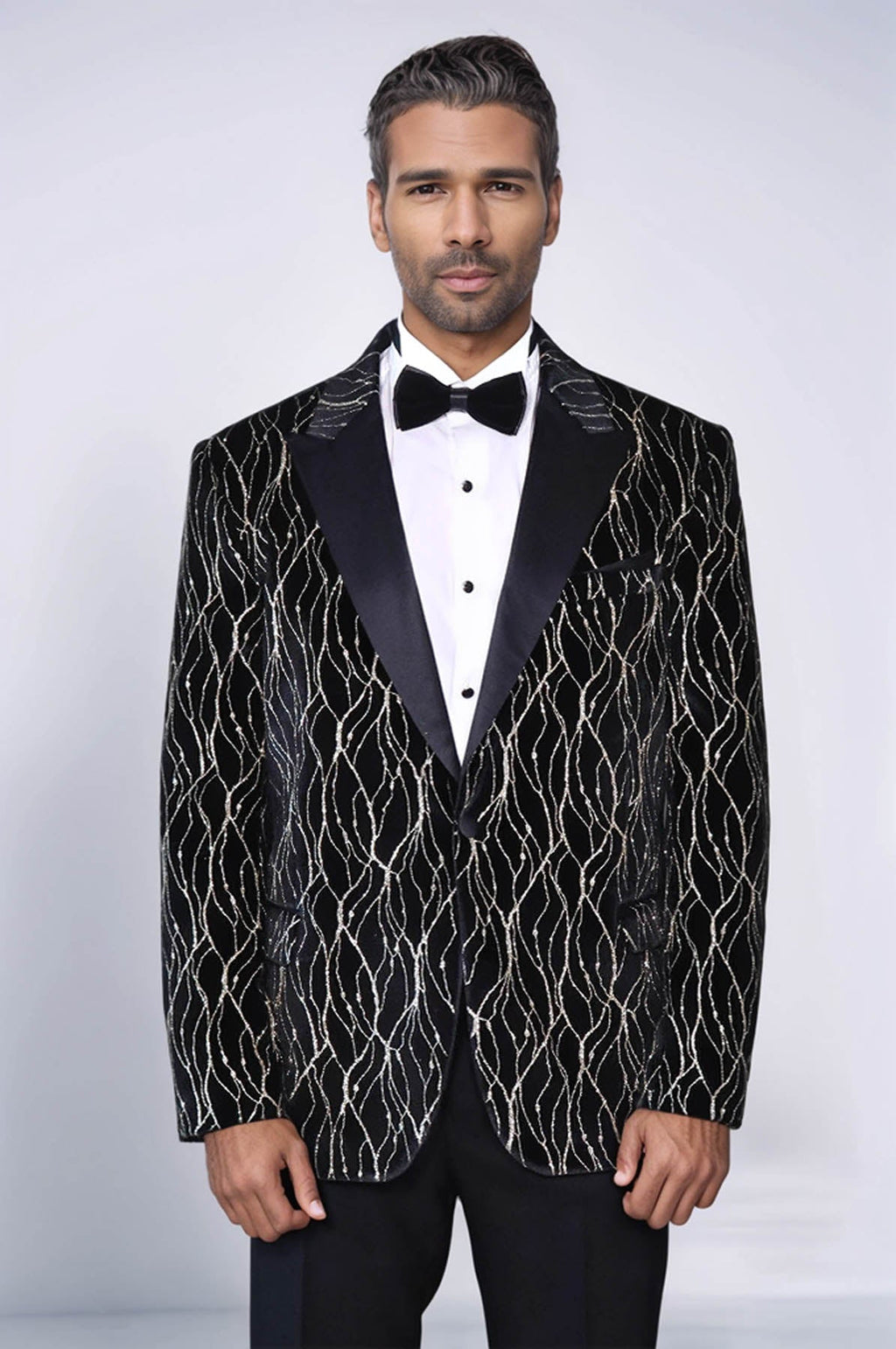 Gold Patterned Over Black Velvet Men Evening Tuxedo Blazer - Wessi - Luzilly Bridal & Apparel