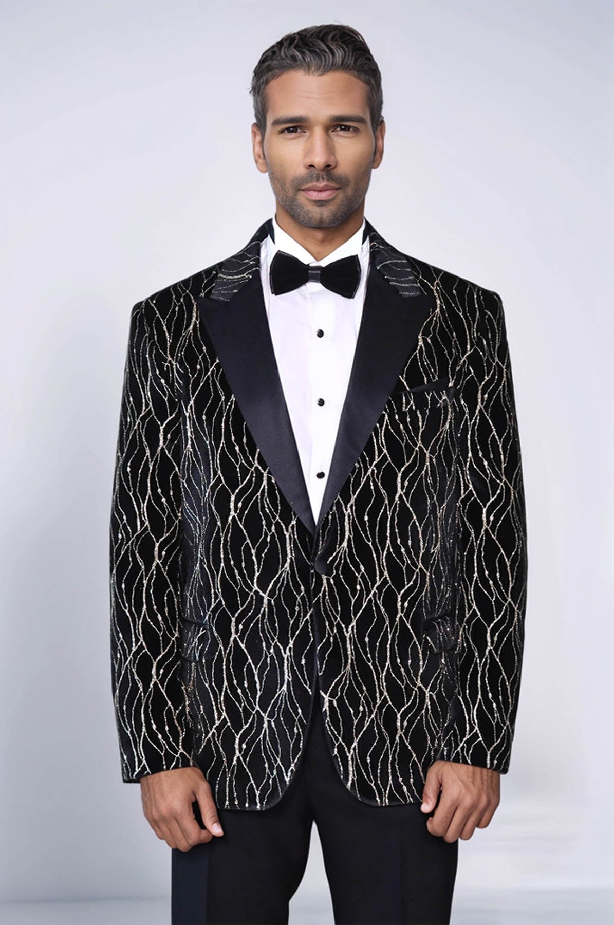 Gold Patterned Over Black Velvet Men Evening Tuxedo Blazer - Wessi - Luzilly Bridal & Apparel