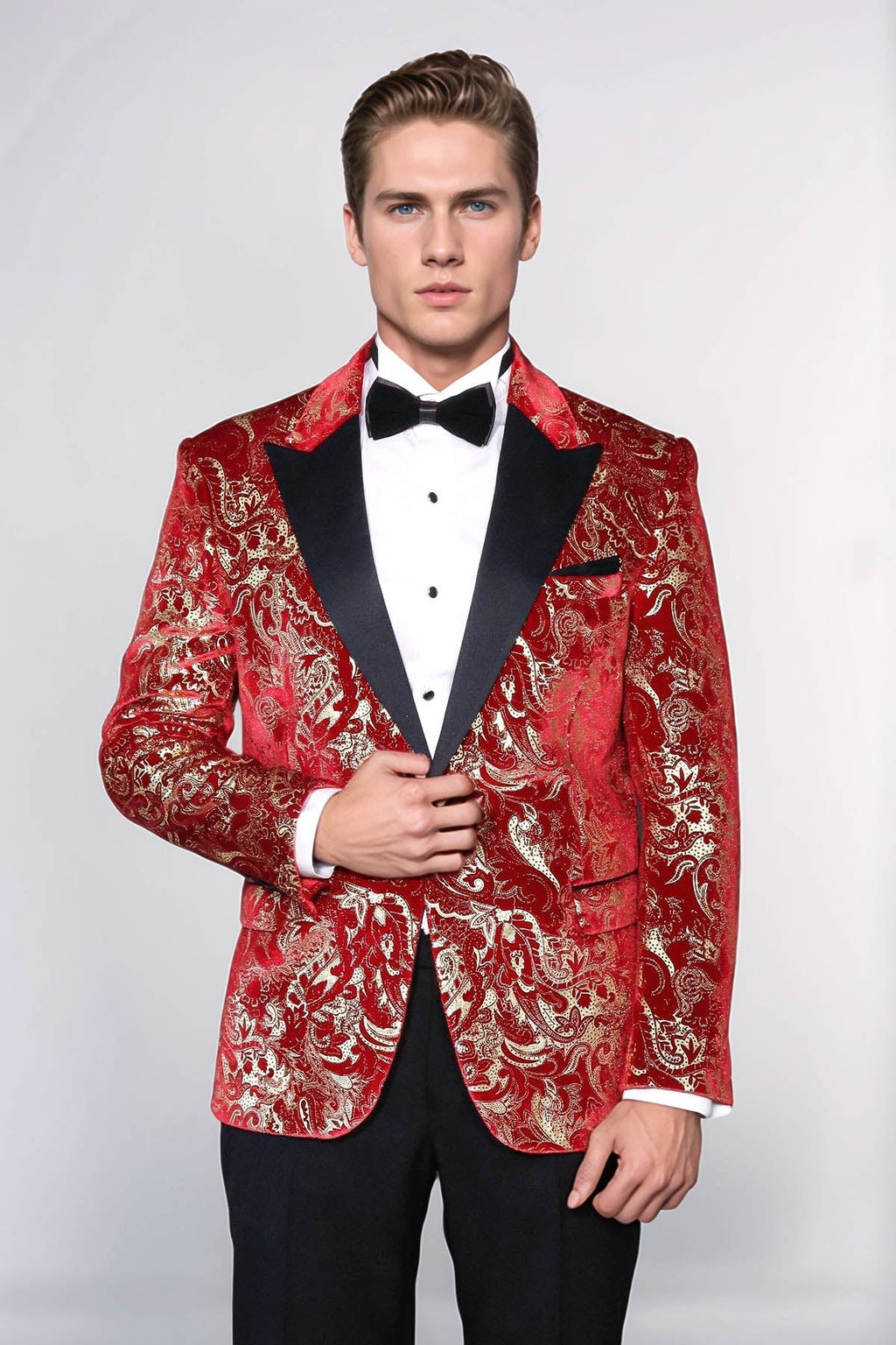 Gold Patterned Over Red Men Stage Tuxedo Blazer - Wessi - Luzilly Bridal & Apparel
