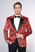 Gold Patterned Over Red Men Stage Tuxedo Blazer - Wessi - Luzilly Bridal & Apparel