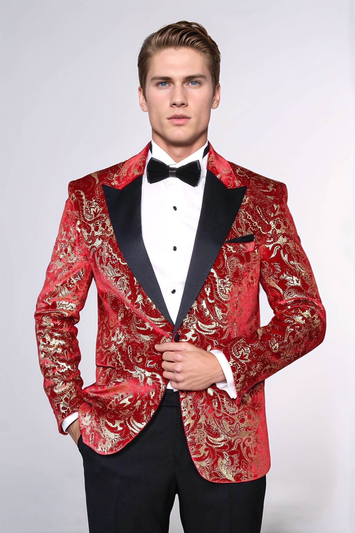 Gold Patterned Over Red Men Stage Tuxedo Blazer - Wessi - Luzilly Bridal & Apparel