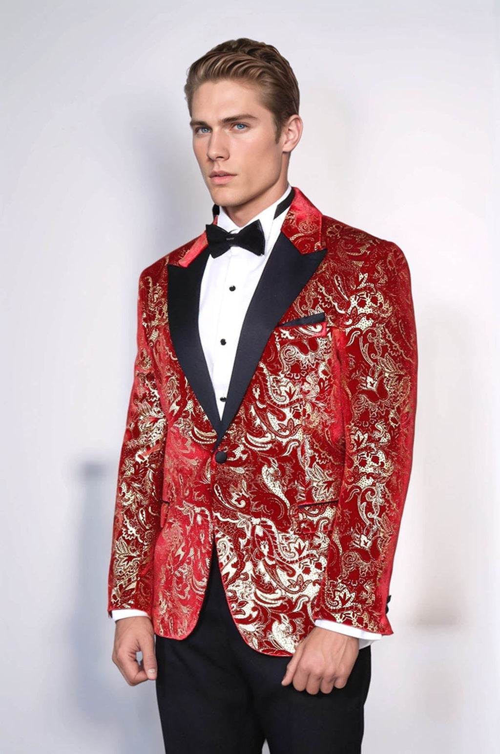 Gold Patterned Over Red Men Stage Tuxedo Blazer - Wessi - Luzilly Bridal & Apparel