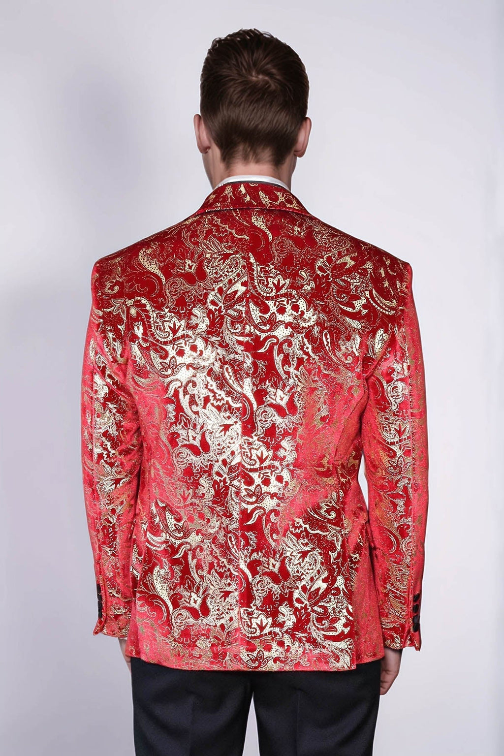 Gold Patterned Over Red Men Stage Tuxedo Blazer - Wessi - Luzilly Bridal & Apparel