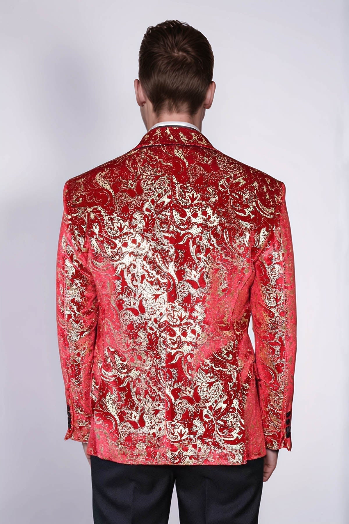 Gold Patterned Over Red Men Stage Tuxedo Blazer - Wessi - Luzilly Bridal & Apparel