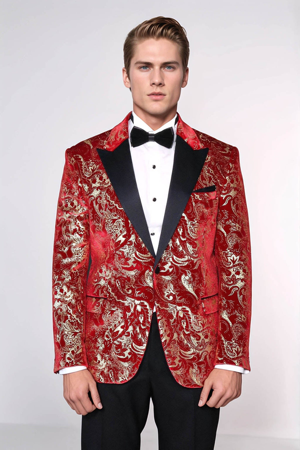 Gold Patterned Over Red Men Stage Tuxedo Blazer - Wessi - Luzilly Bridal & Apparel