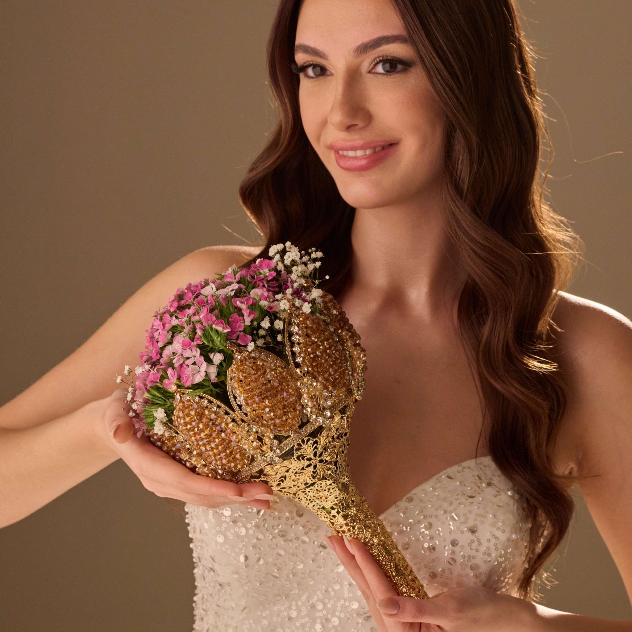 Gold Quinceañera & Wedding Bouquet Holder – Handcrafted with Gold Carved Flowers & Crystal Stones - Luzilly Bridal & Apparel