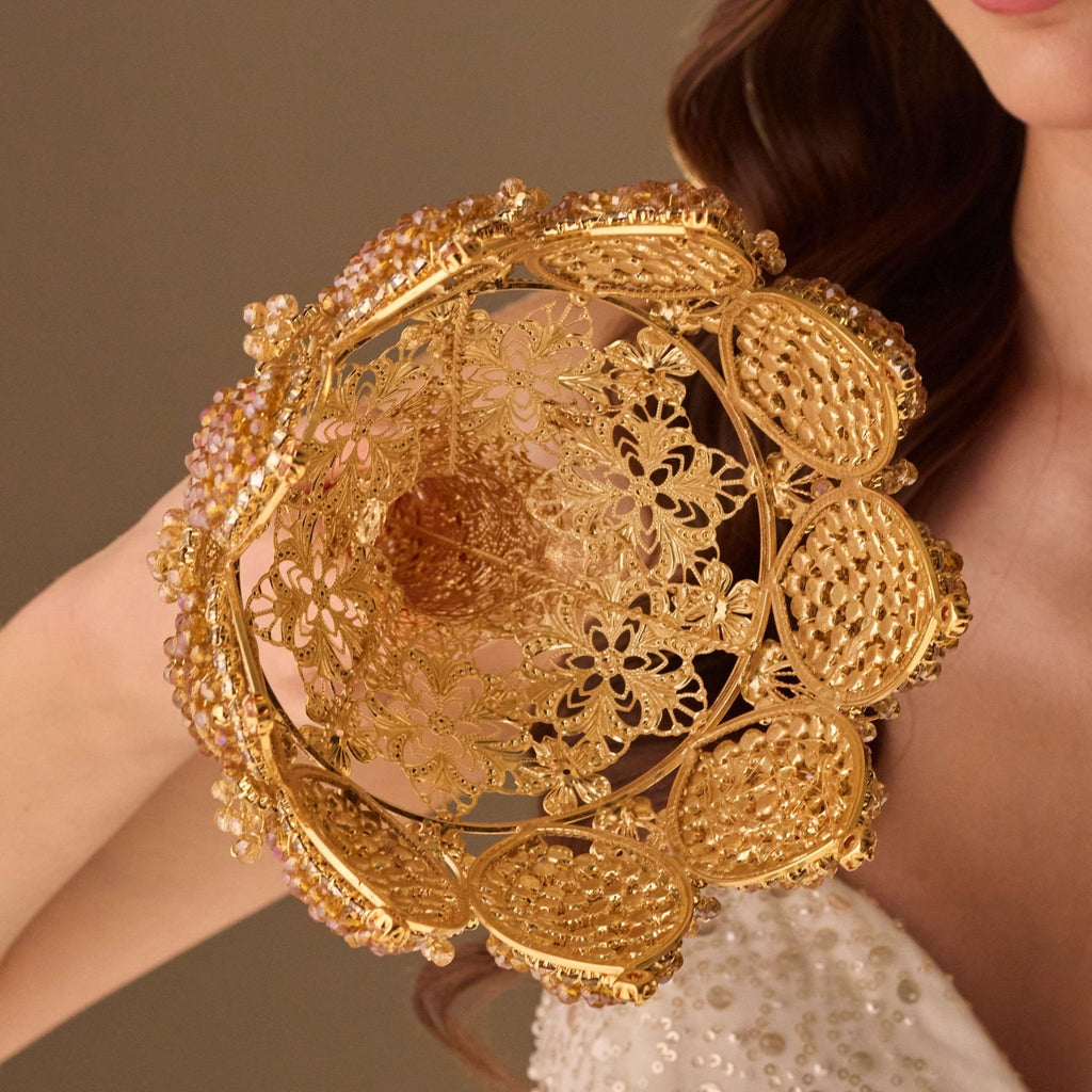 Gold Quinceañera & Wedding Bouquet Holder – Handcrafted with Gold Carved Flowers & Crystal Stones - Luzilly Bridal & Apparel