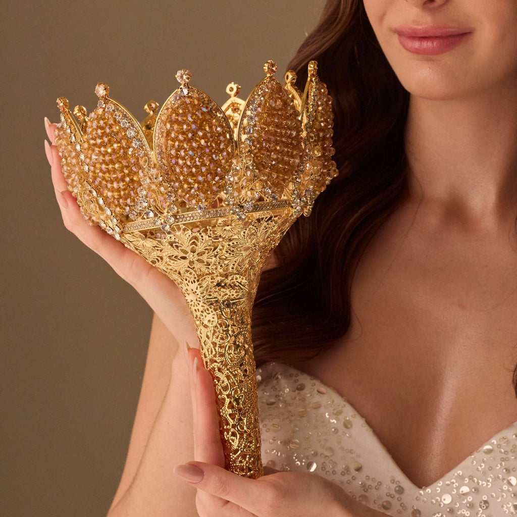Gold Quinceañera & Wedding Bouquet Holder – Handcrafted with Gold Carved Flowers & Crystal Stones - Luzilly Bridal & Apparel