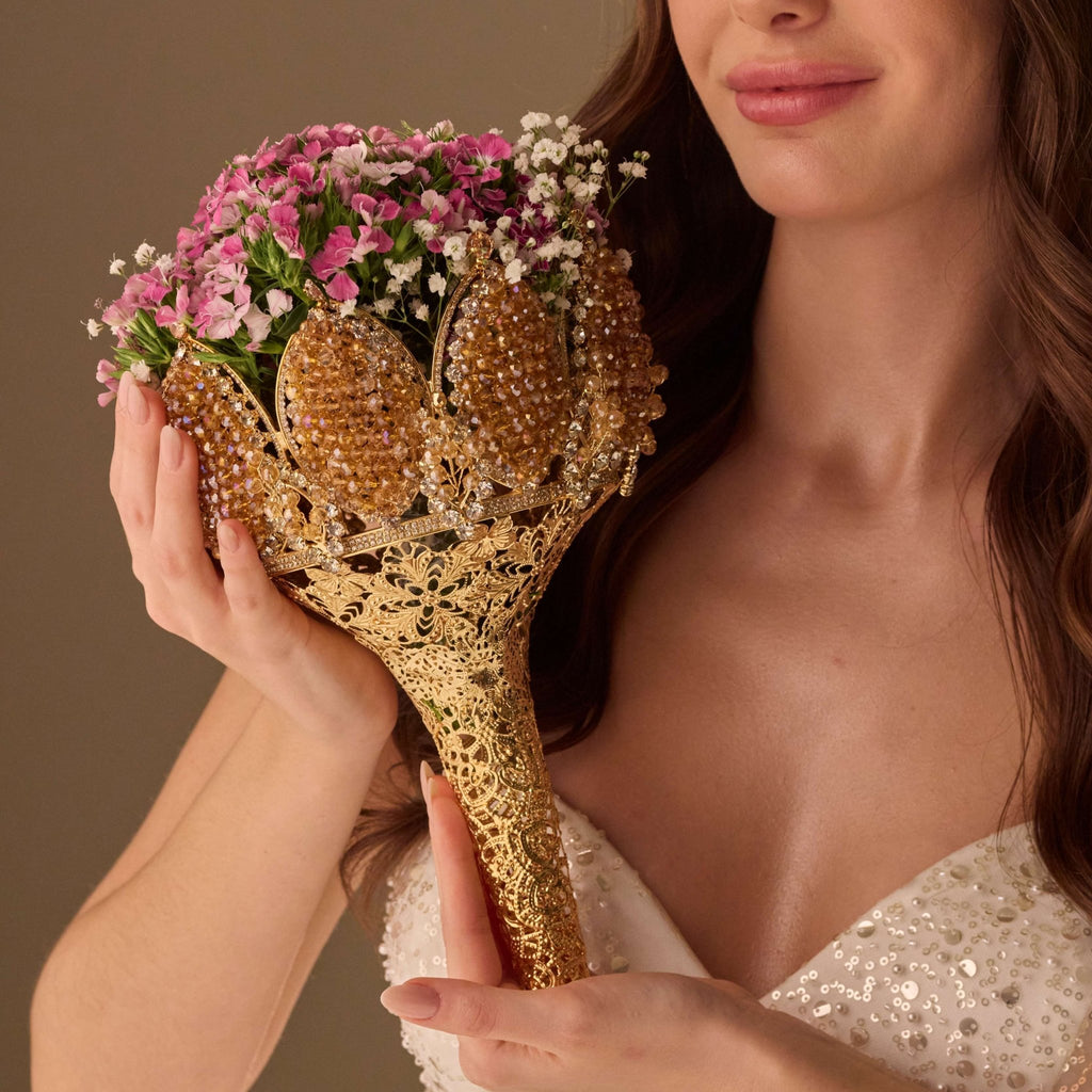 Gold Quinceañera & Wedding Bouquet Holder – Handcrafted with Gold Carved Flowers & Crystal Stones - Luzilly Bridal & Apparel