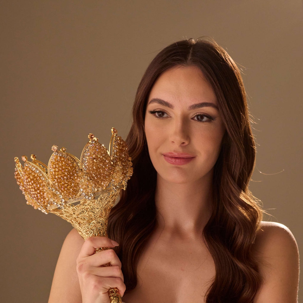 Gold Quinceañera & Wedding Bouquet Holder – Handcrafted with Gold Carved Flowers & Crystal Stones - Luzilly Bridal & Apparel