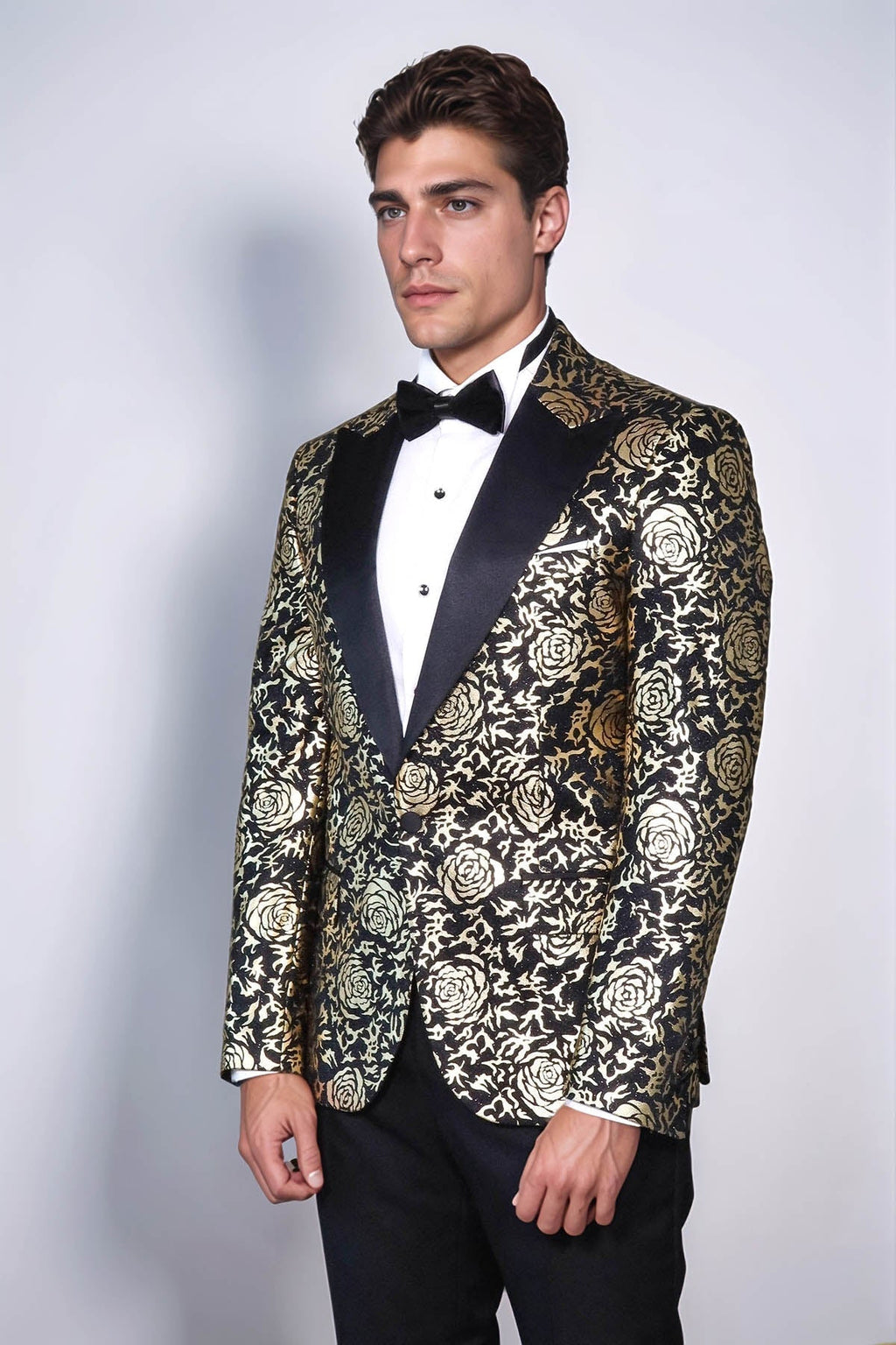 Gold Rose Patterned Slim Fit Black Men Singer Tuxedo Blazer - Wessi - Luzilly Bridal & Apparel