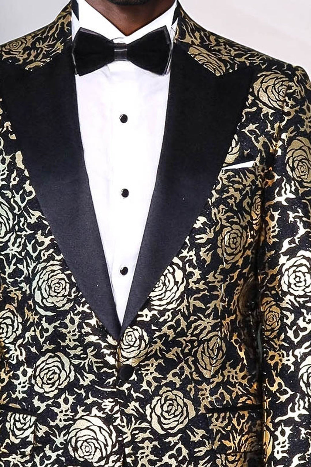 Gold Rose Patterned Slim Fit Black Men Singer Tuxedo Blazer - Wessi - Luzilly Bridal & Apparel