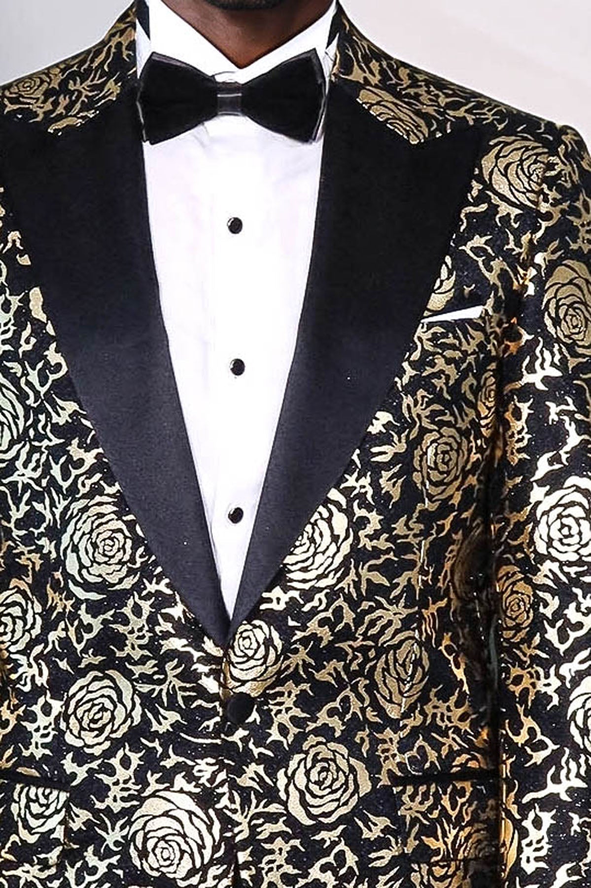 Gold Rose Patterned Slim Fit Black Men Singer Tuxedo Blazer - Wessi - Luzilly Bridal & Apparel