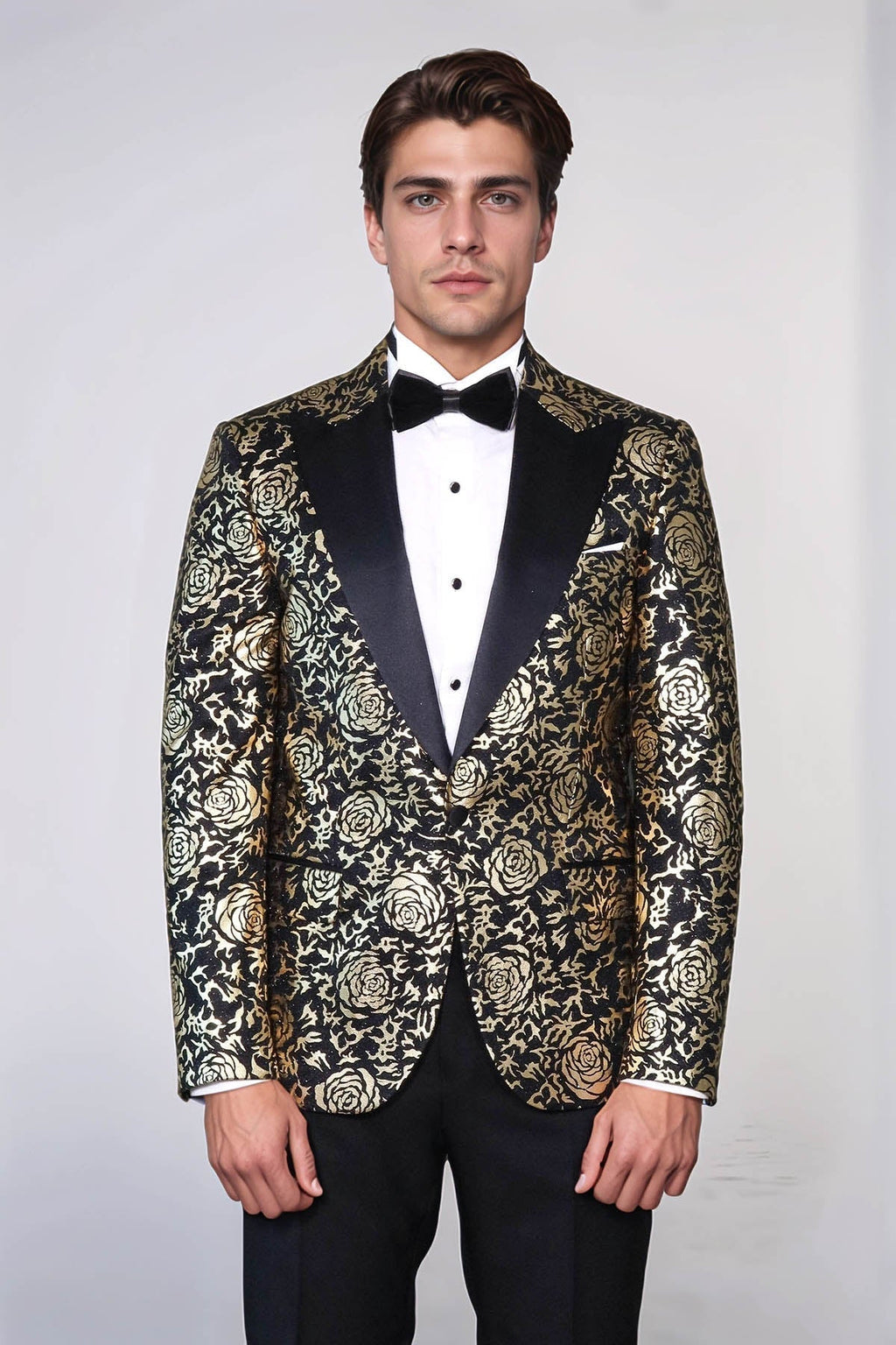 Gold Rose Patterned Slim Fit Black Men Singer Tuxedo Blazer - Wessi - Luzilly Bridal & Apparel