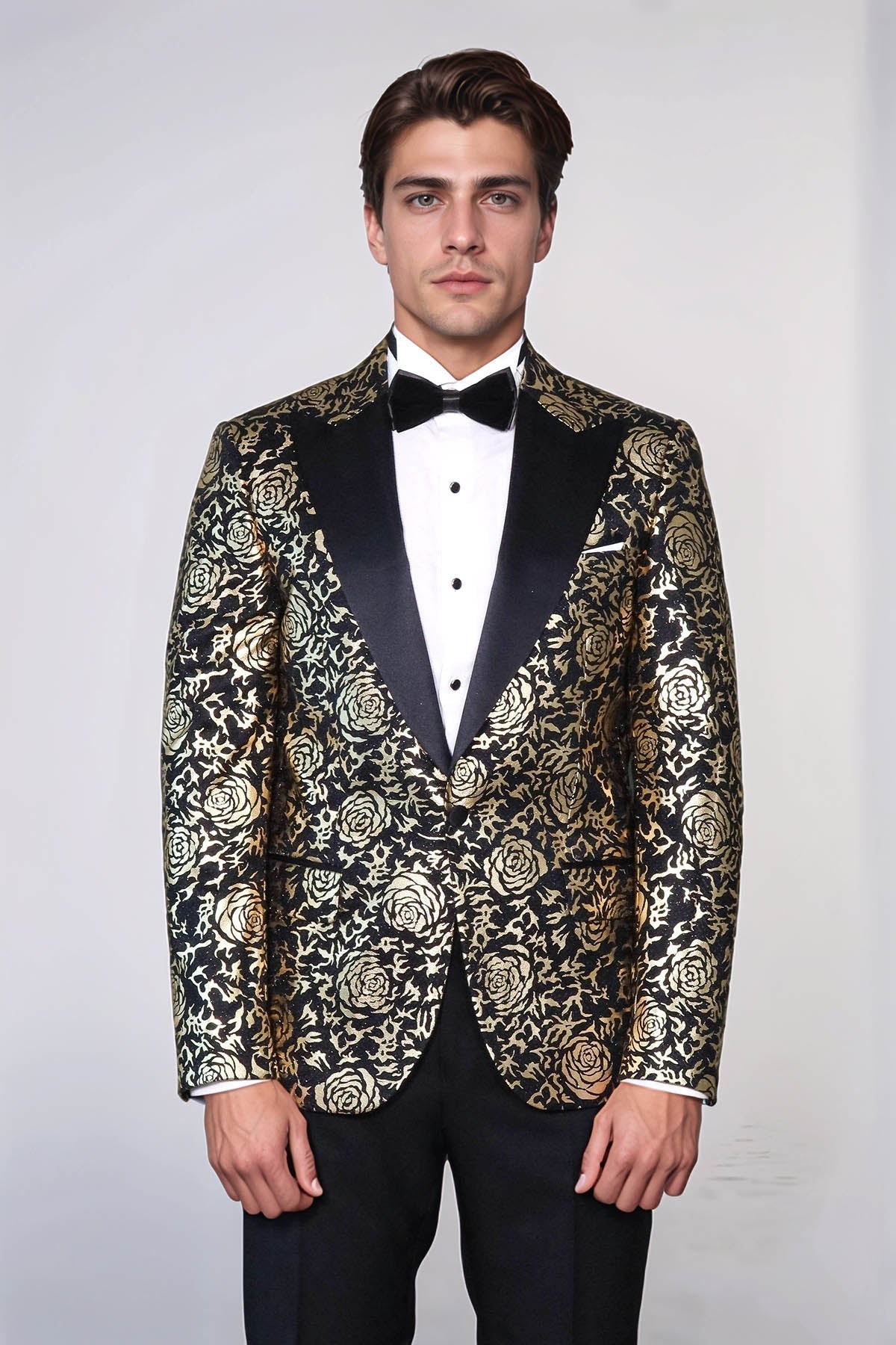 Gold Rose Patterned Slim Fit Black Men Singer Tuxedo Blazer - Wessi - Luzilly Bridal & Apparel