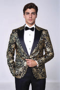 Gold Rose Patterned Slim Fit Black Men Singer Tuxedo Blazer - Wessi - Luzilly Bridal & Apparel