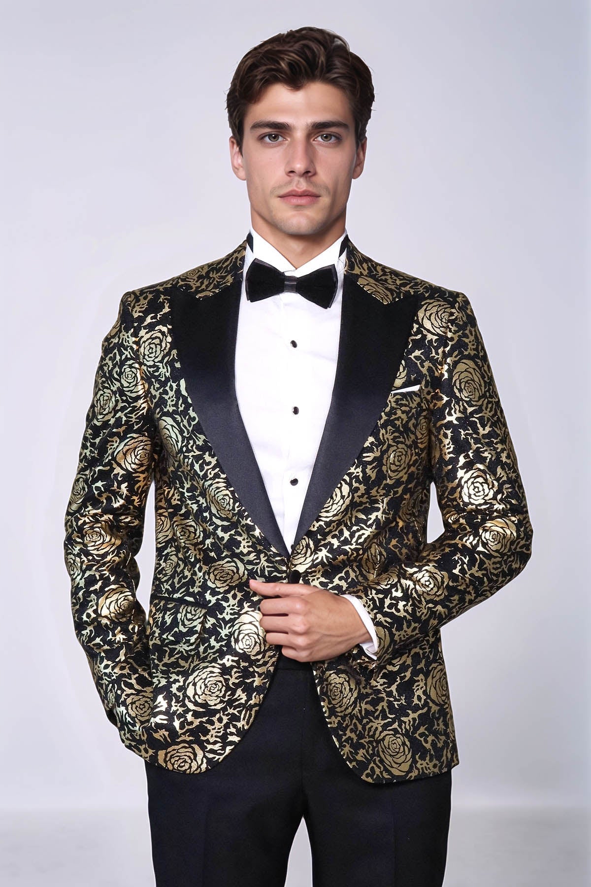 Gold Rose Patterned Slim Fit Black Men Singer Tuxedo Blazer - Wessi - Luzilly Bridal & Apparel