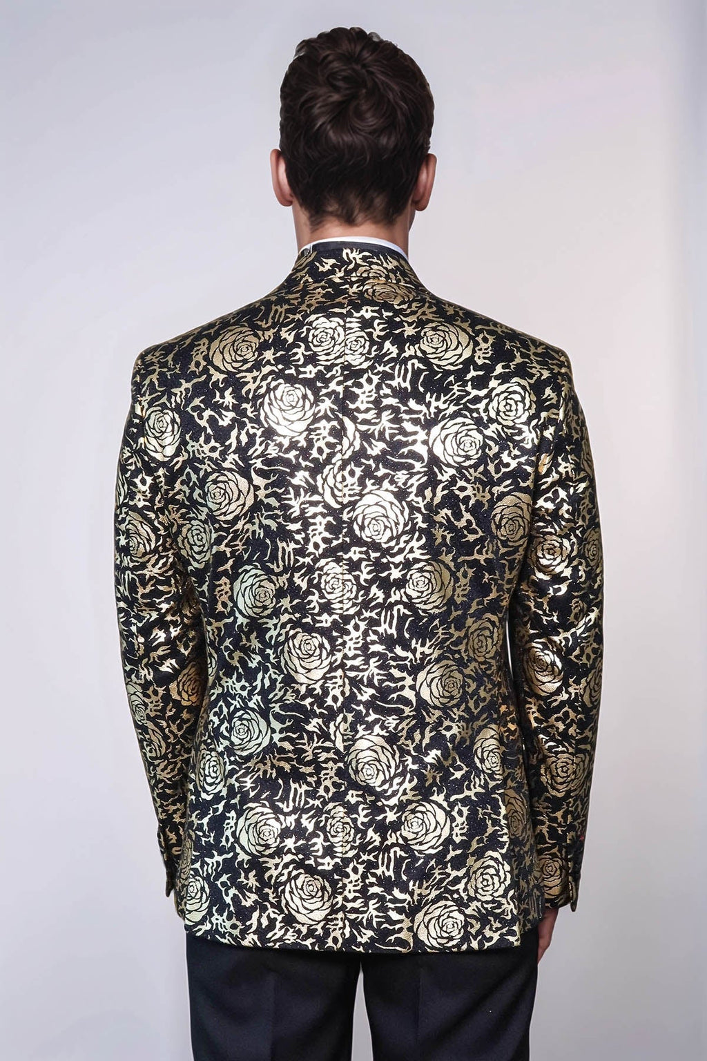 Gold Rose Patterned Slim Fit Black Men Singer Tuxedo Blazer - Wessi - Luzilly Bridal & Apparel