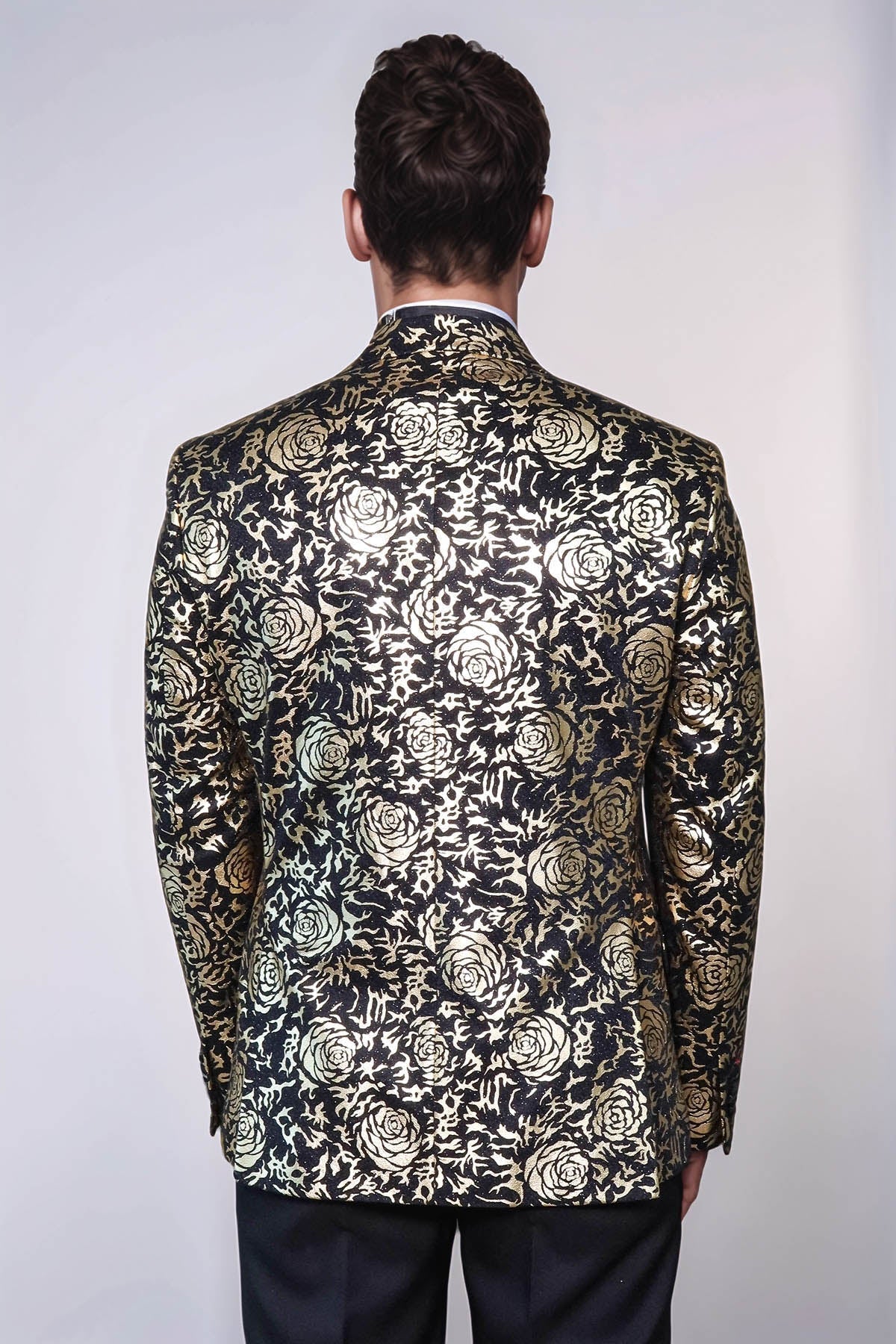 Gold Rose Patterned Slim Fit Black Men Singer Tuxedo Blazer - Wessi - Luzilly Bridal & Apparel