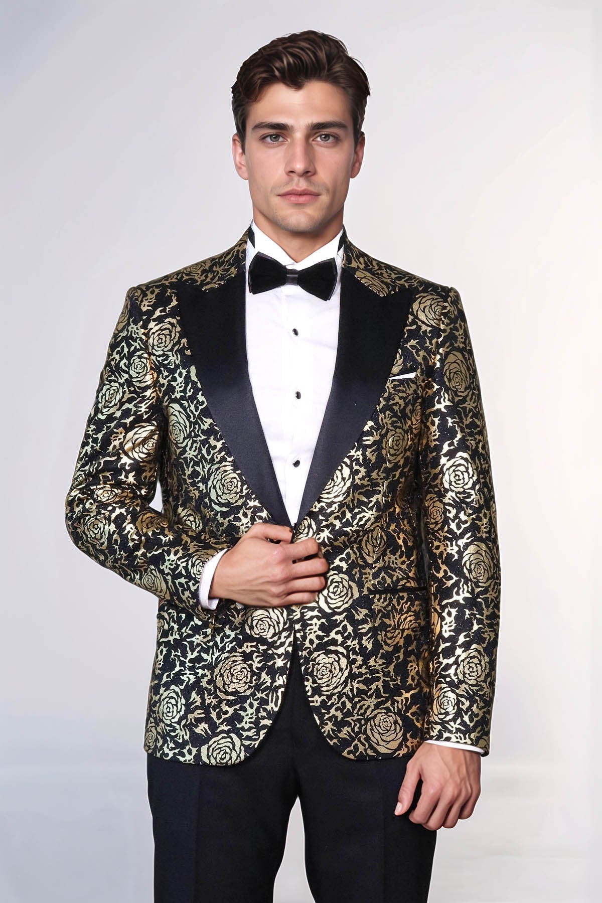 Gold Rose Patterned Slim Fit Black Men Singer Tuxedo Blazer - Wessi - Luzilly Bridal & Apparel