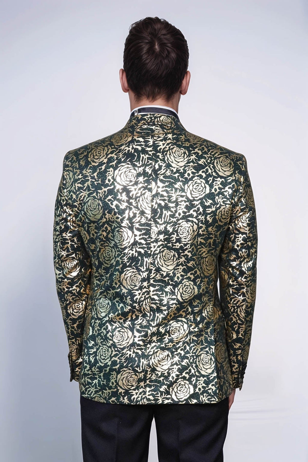 Gold Rose Patterned Slim Fit Green Men Singer Tuxedo Jacket - Wessi - Luzilly Bridal & Apparel