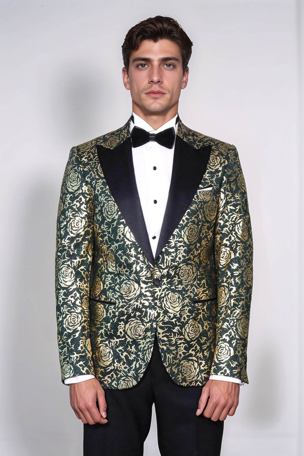 Gold Rose Patterned Slim Fit Green Men Singer Tuxedo Jacket - Wessi - Luzilly Bridal & Apparel