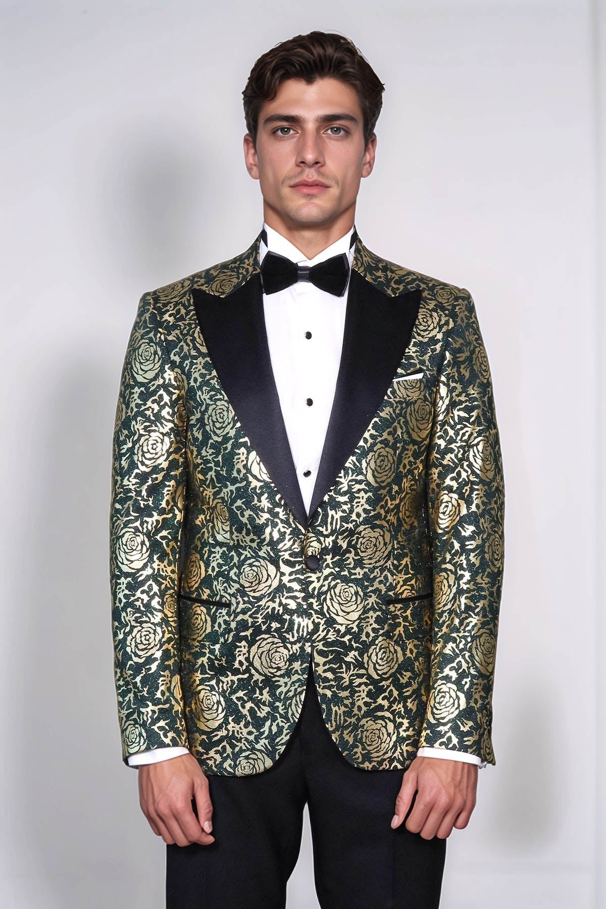 Gold Rose Patterned Slim Fit Green Men Singer Tuxedo Jacket - Wessi - Luzilly Bridal & Apparel