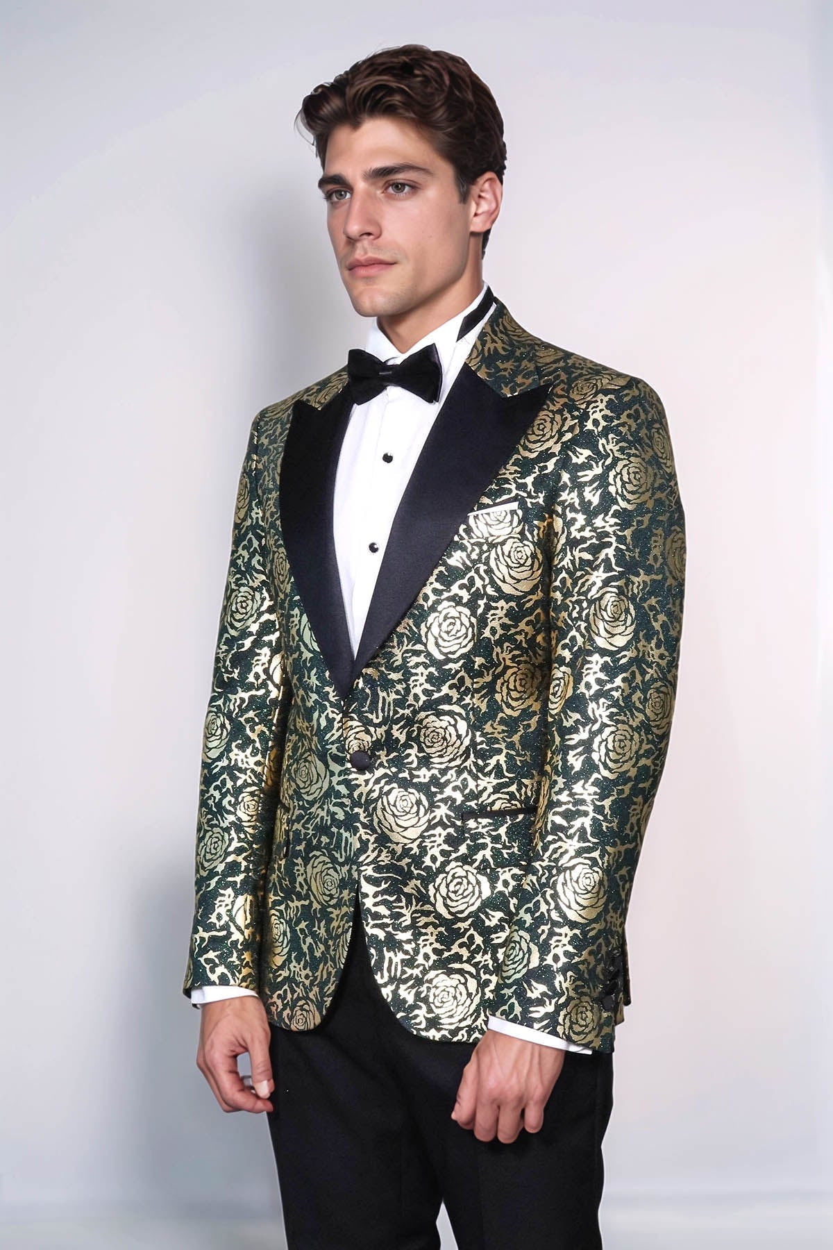 Gold Rose Patterned Slim Fit Green Men Singer Tuxedo Jacket - Wessi - Luzilly Bridal & Apparel