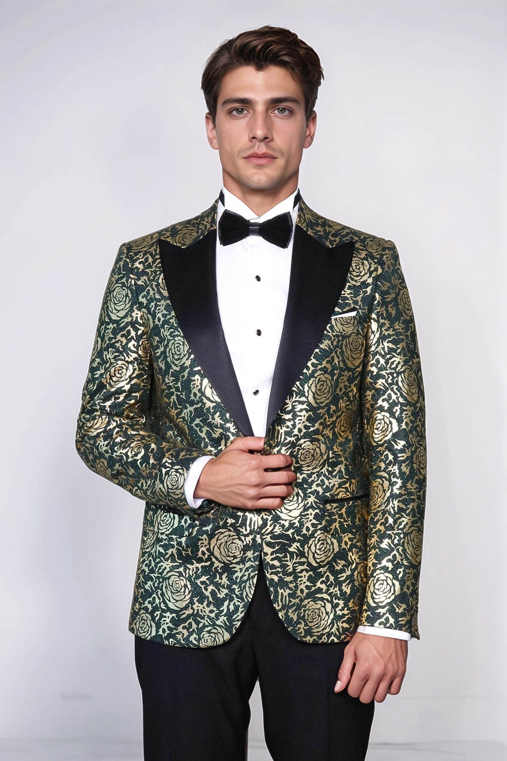 Gold Rose Patterned Slim Fit Green Men Singer Tuxedo Jacket - Wessi - Luzilly Bridal & Apparel