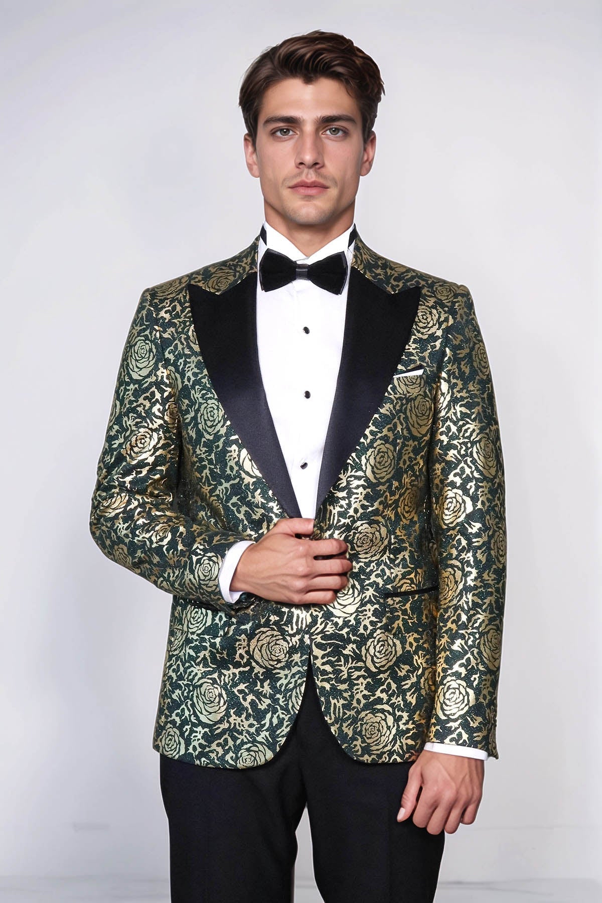 Gold Rose Patterned Slim Fit Green Men Singer Tuxedo Jacket - Wessi - Luzilly Bridal & Apparel