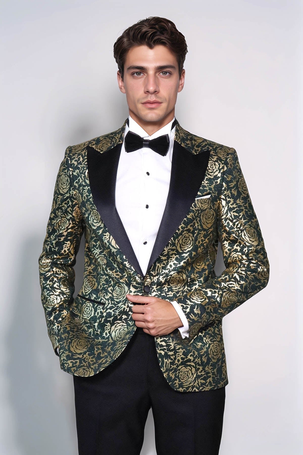 Gold Rose Patterned Slim Fit Green Men Singer Tuxedo Jacket - Wessi - Luzilly Bridal & Apparel