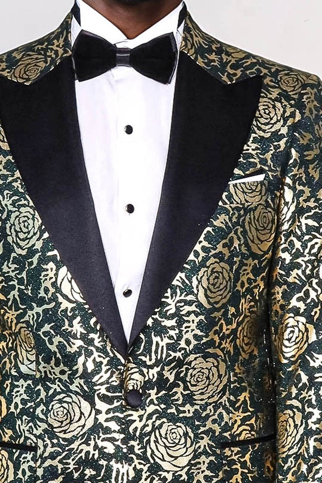 Gold Rose Patterned Slim Fit Green Men Singer Tuxedo Jacket - Wessi - Luzilly Bridal & Apparel