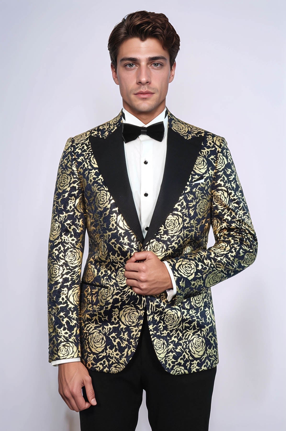 Gold Rose Patterned Slim Fit Navy Blue Men Party Blazer - Wessi - Luzilly Bridal & Apparel