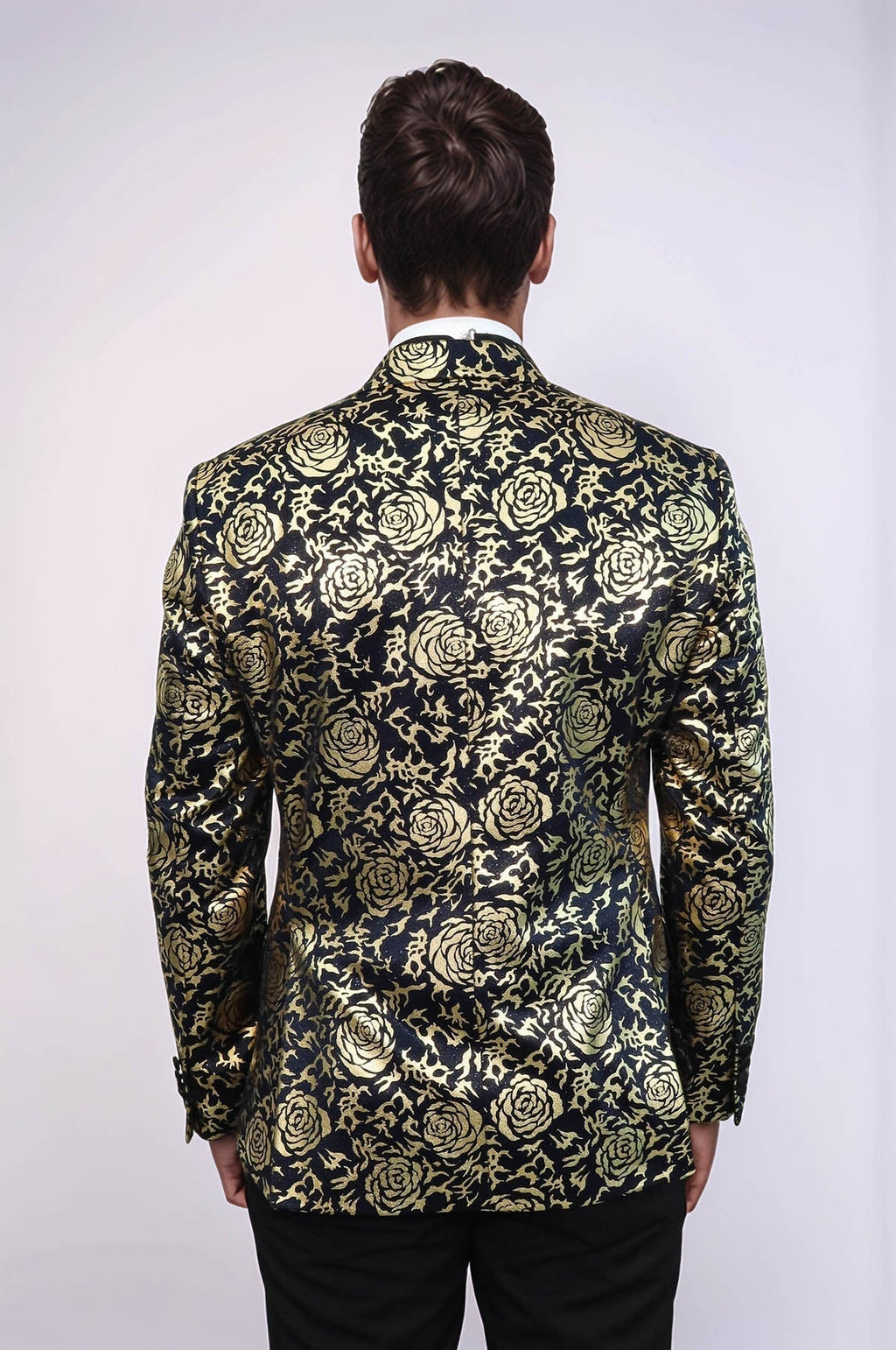 Gold Rose Patterned Slim Fit Navy Blue Men Party Blazer - Wessi - Luzilly Bridal & Apparel