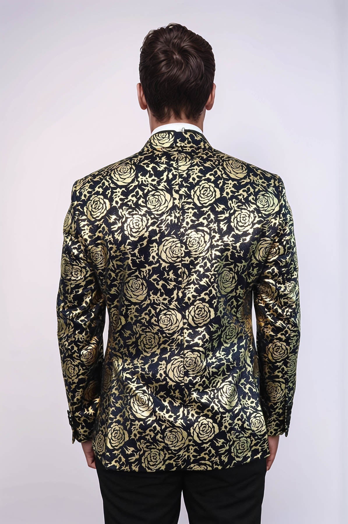 Gold Rose Patterned Slim Fit Navy Blue Men Party Blazer - Wessi - Luzilly Bridal & Apparel
